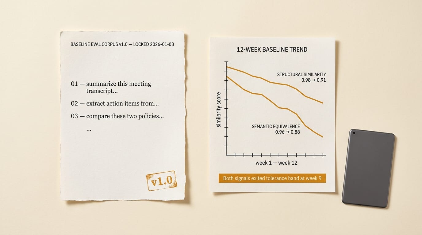 Paper-collage of a BASELINE EVAL CORPUS v1.0 document and a 12-week trend chart showing structural similarity 0.98→0.91 and semantic equivalence 0.96→0.88; both exited the tolerance band at week 9.