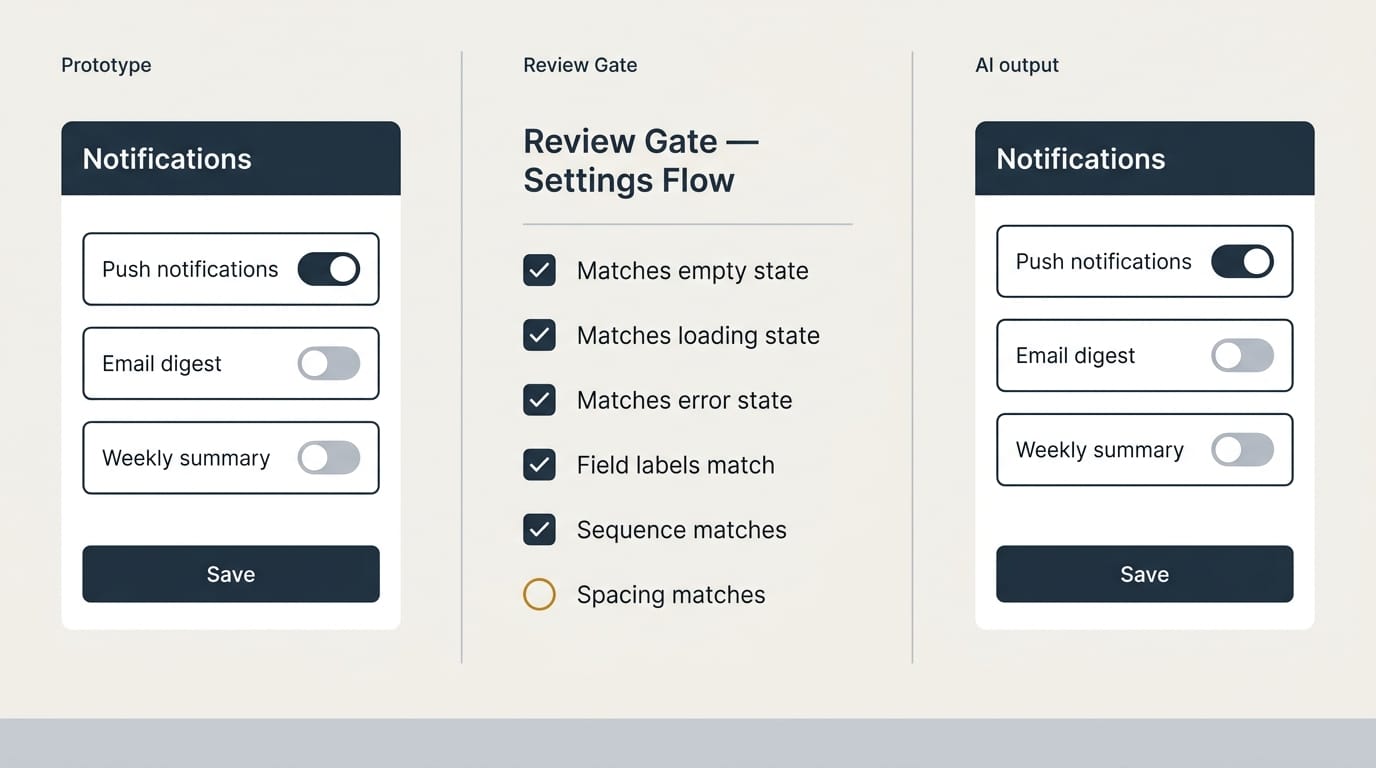 Three panels: a Notifications prototype, a Review Gate six-row verification checklist with Spacing matches in progress, and the AI output with tighter row spacing