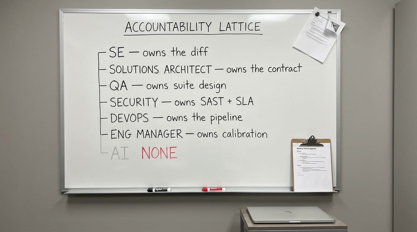 Whiteboard "Accountability Lattice" listing six human roles and their responsibilities, with a seventh row for AI marked "None" in red, outside the lattice.
