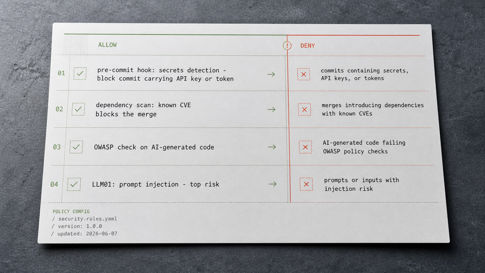 Flat-lay of a permission-boundary rules sheet showing a pre-commit secrets-detection hook, a dependency-scan gate, and an OWASP-check rule, with an allow/deny boundary line marked across the page