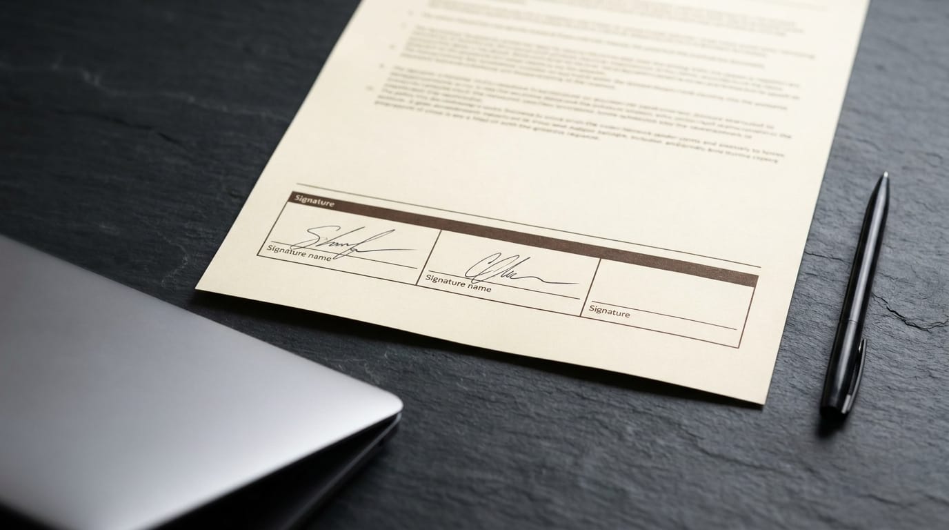 Close-up of a policy document's signature row: three signature blocks, the left and middle signed in ink and the right one left empty