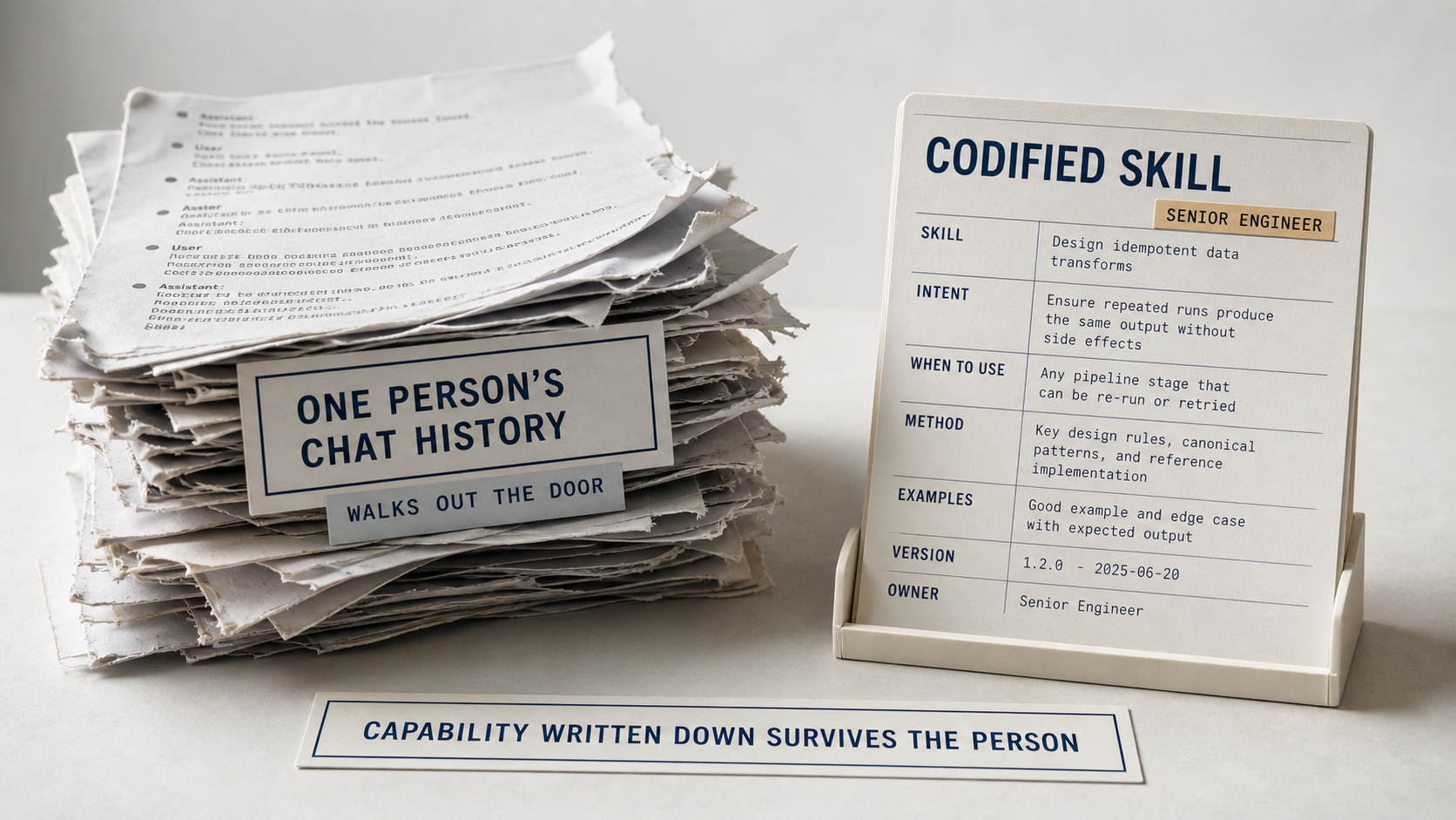 A still-life pairing a fraying pile of one person's chat-session printouts against a single clean, filed skill artifact card, contrasting private capability with capability written down.