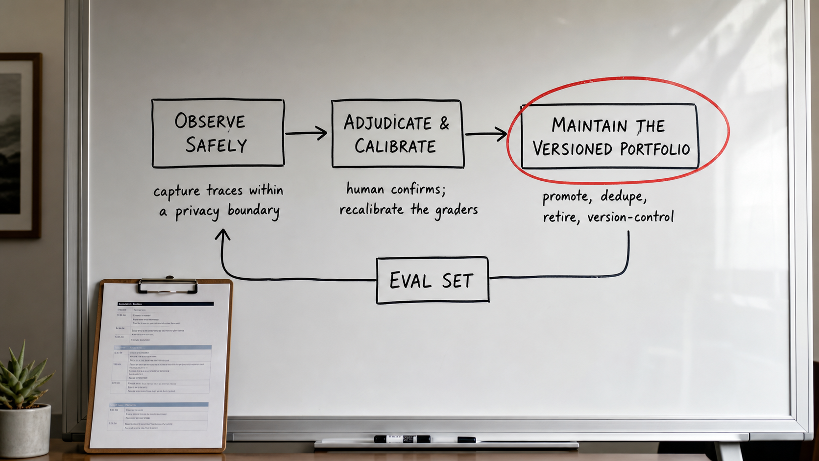 Hand-drawn whiteboard cycle of the eval renewal loop: Observe Safely, Adjudicate and Calibrate, and Maintain the Versioned Portfolio in arrowed boxes, with a loop-back arrow into the eval set