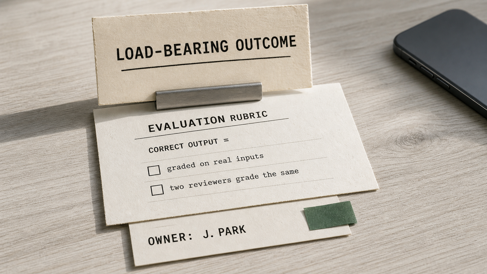 A pinned LOAD-BEARING OUTCOME card above an EVALUATION RUBRIC checklist and a single-name OWNER line: one outcome tied to one quality rubric and one accountable person.
