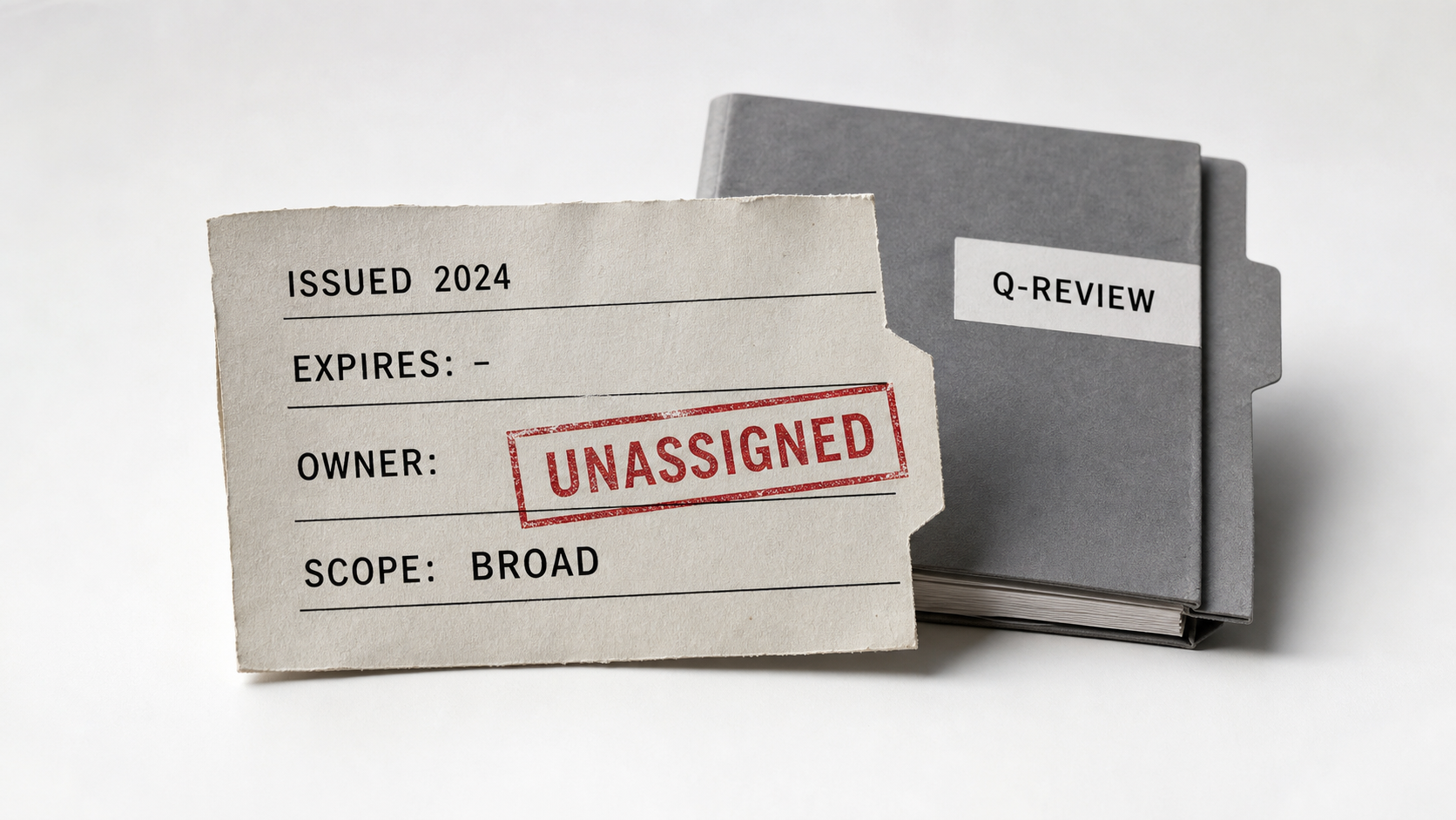 A forgotten machine credential slip stamped issued 2024, no expiry, owner unassigned, scope broad, sitting outside a closed quarterly access-review binder.