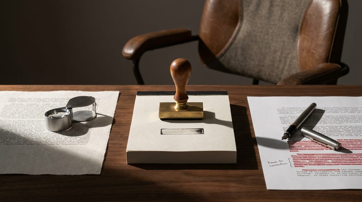 Three implements representing review, sign-off, and remediation: a magnifying loupe on a typed page, a wood stamp with a single ink impression, and a fountain pen beside a marked-up correction, with an empty desk chair behind.