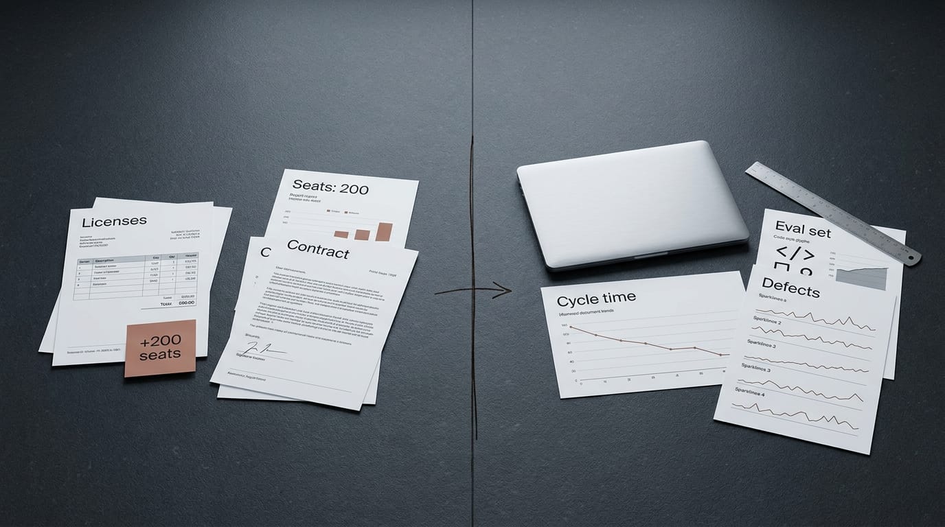 A diptych: what procurement reports (a licenses invoice, contract, and 'Seats: 200' sheet) versus what delivery measures (a downward 'Cycle time' chart, an 'Eval set' sheet, and 'Defects' sparklines).