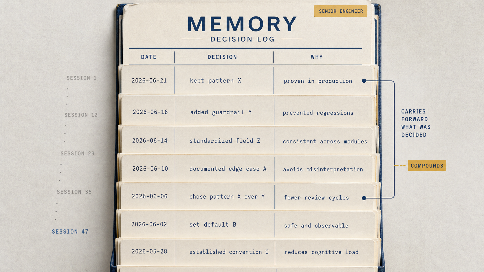 A tall vertical decision-log ledger spine where dated entries accumulate downward and a recent one references an earlier entry, the memory artifact that carries decisions forward across sessions.