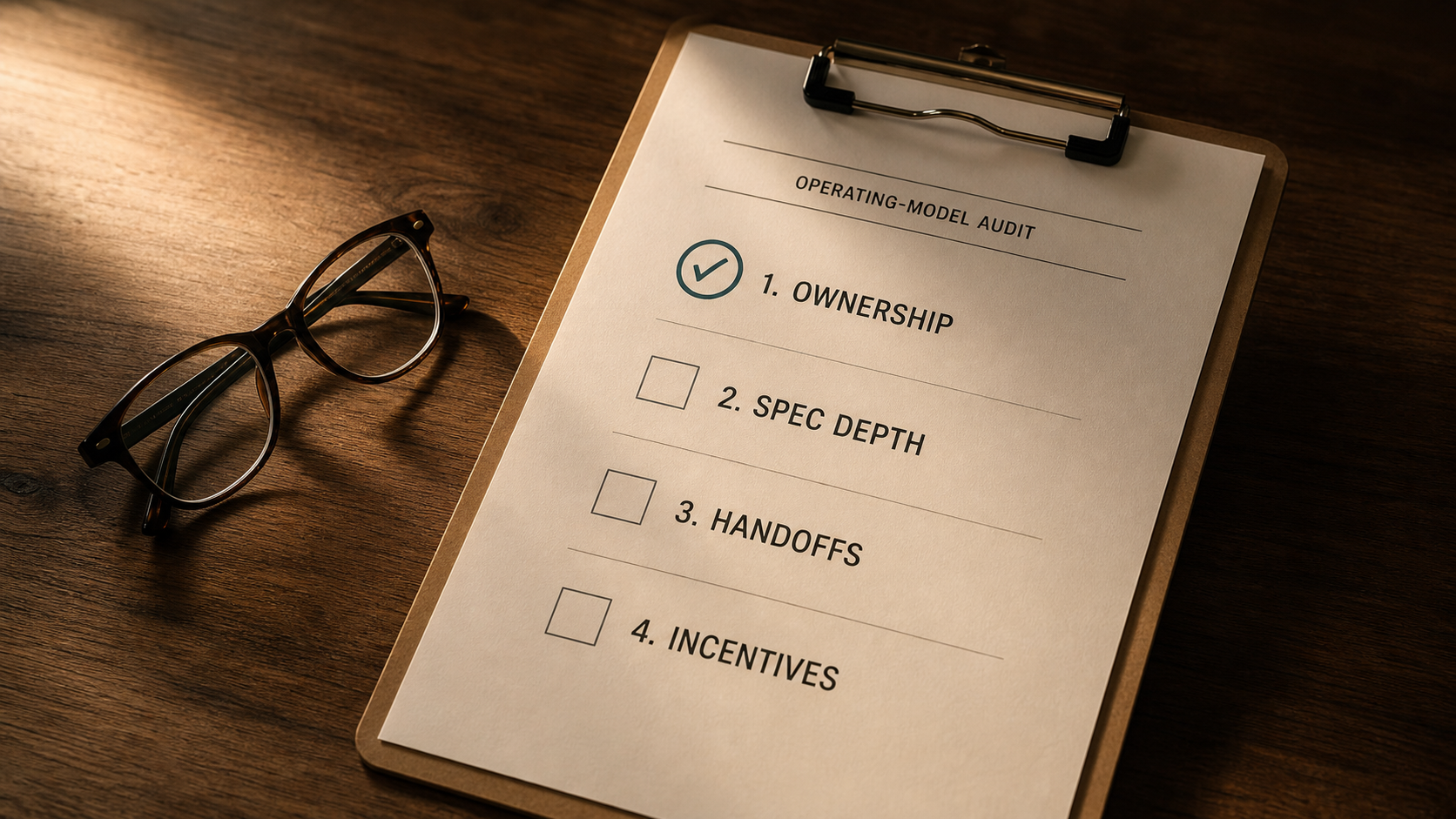 An operating-model audit checklist on a clipboard at a three-quarter angle listing ownership, spec depth, handoffs and incentives, with folded reading glasses beside it and a teal check on the first item.