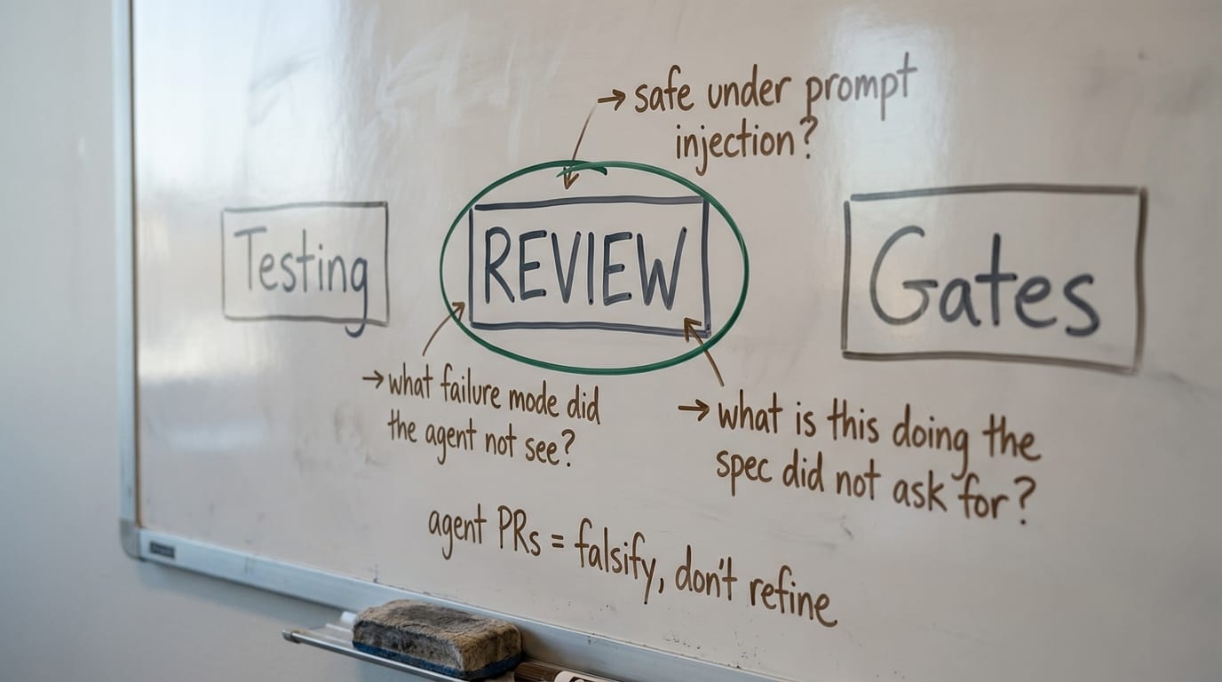 A PR diff page titled 'PR #4287: feat: add status filter' with margin notes questioning prompt injection, unseen failure modes, and unrequested code, and a suspicious line circled in red.