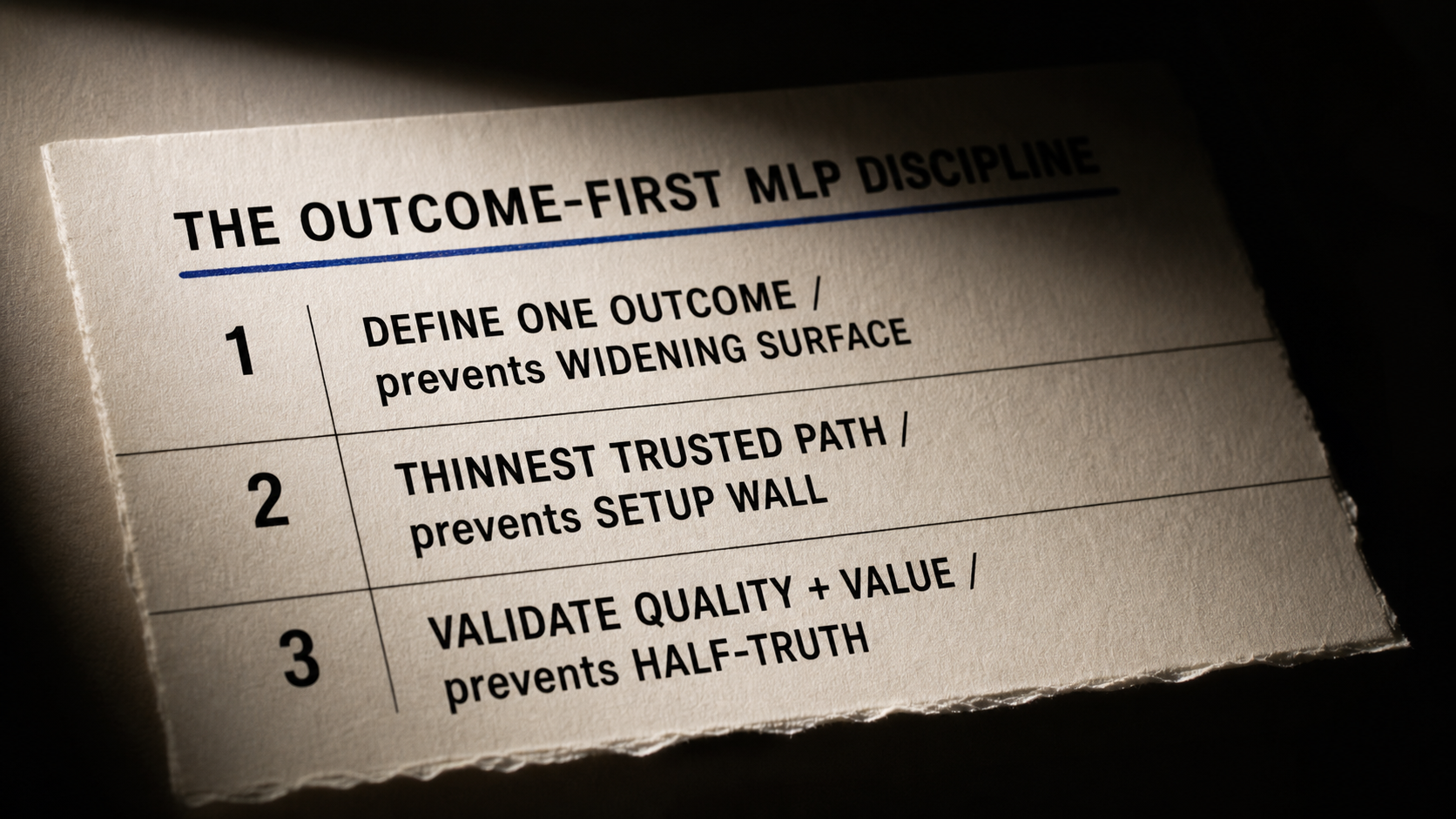 A macro photograph of a printed reference card titled THE OUTCOME-FIRST MLP DISCIPLINE, mapping each of the three moves (define one outcome, thinnest trusted path, validate quality and repeated value) to the failure mode it prevents.