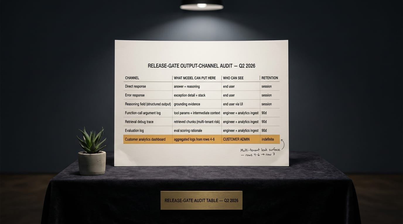 RELEASE-GATE OUTPUT-CHANNEL AUDIT Q2 2026 on a plinth: seven channel rows; row 7 (customer analytics dashboard) flagged as the multi-tenant leak surface.