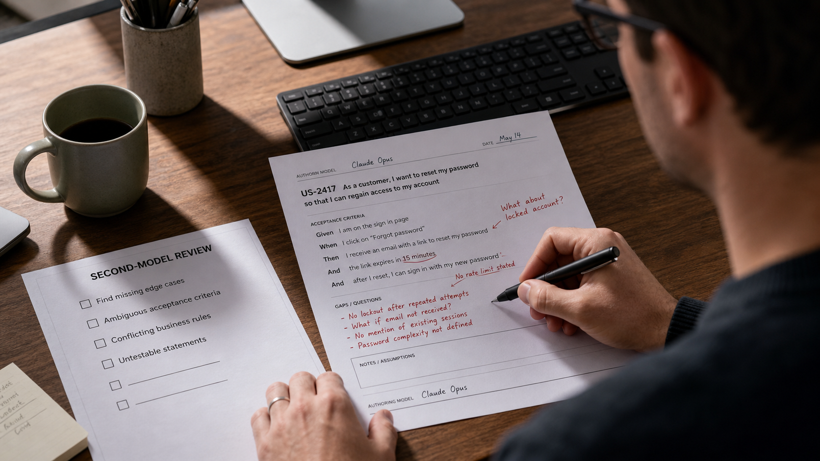 An analyst seated at a review desk, over the shoulder, marking a generated requirement in red beside a printed second-model review checklist listing the review targets