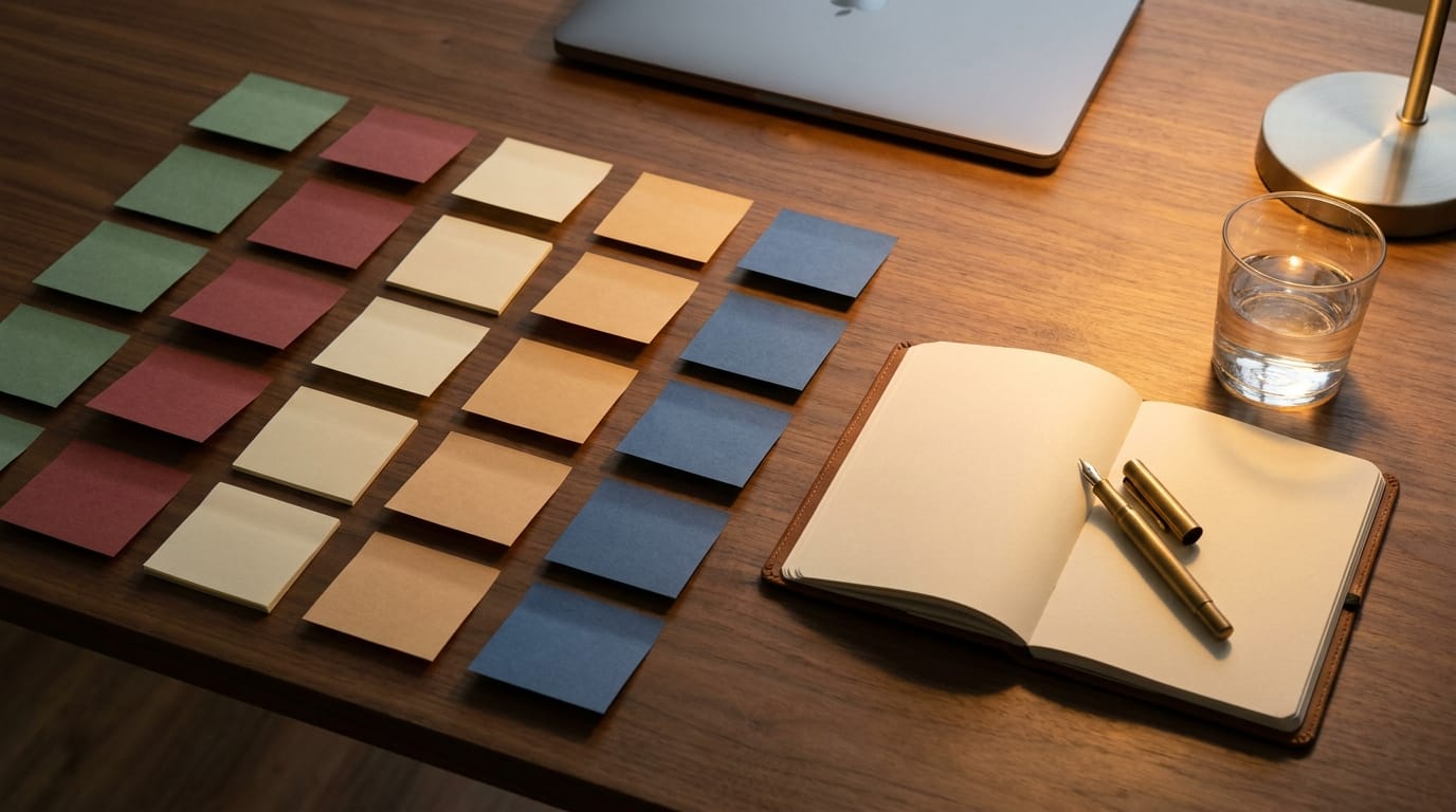 A workshop tableau with five columns of sticky notes, an open notebook, a fountain pen, a glass of water, and a closed laptop, paused mid-session.
