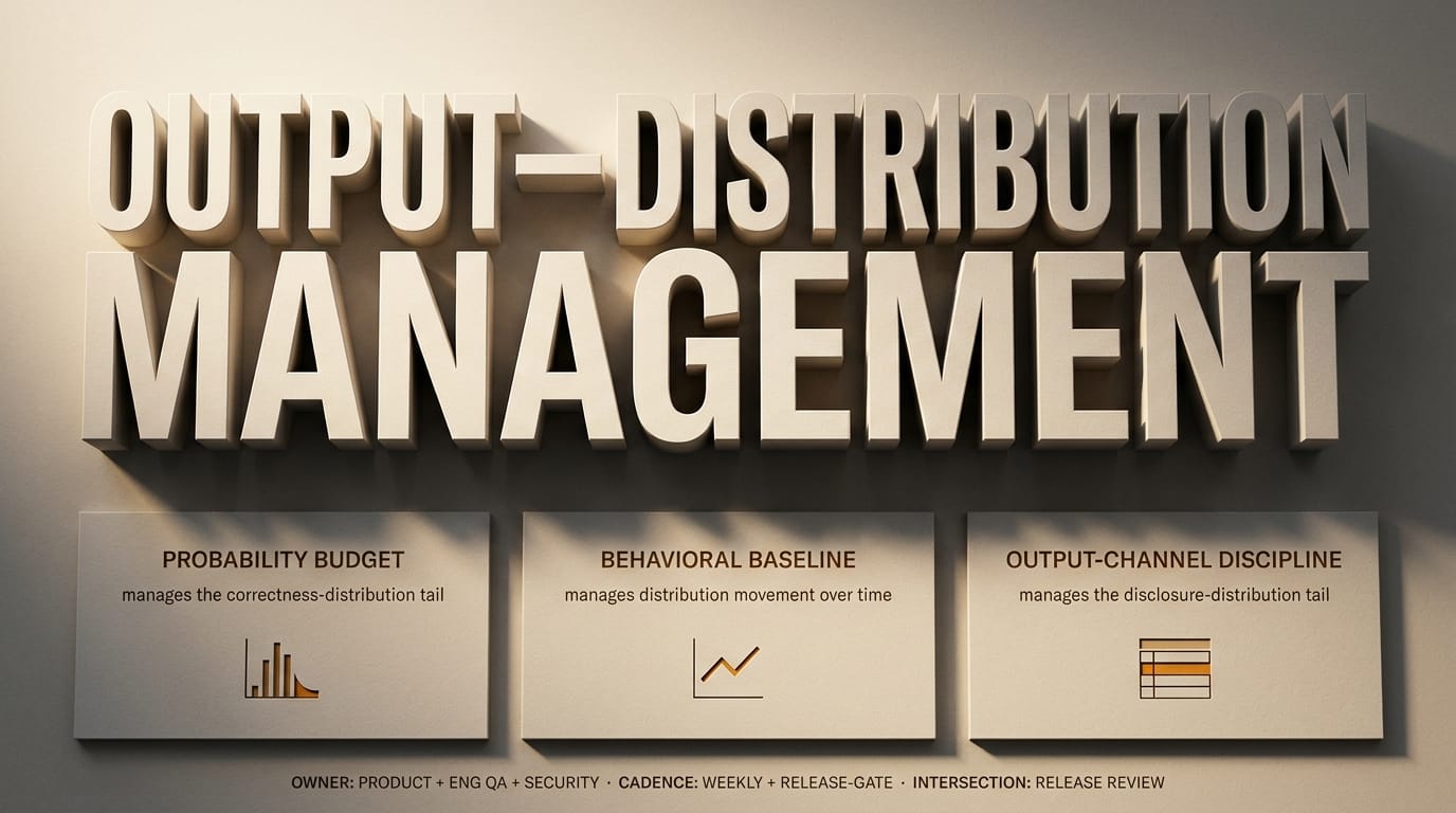 OUTPUT-DISTRIBUTION MANAGEMENT in large-format type, with three sibling panels: PROBABILITY BUDGET, BEHAVIORAL BASELINE, OUTPUT-CHANNEL DISCIPLINE; release-review intersection.