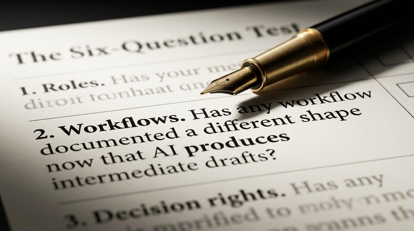 A printed six-question CEO checklist with the Workflows question in sharp focus, asking whether any workflow changed shape now that AI produces intermediate drafts, a pen pointing to it.
