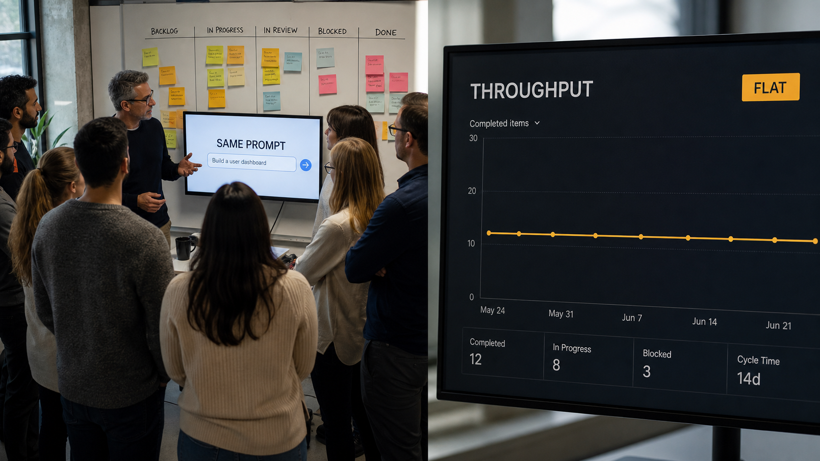 A split scene contrasting a crowded standup with an unchanged ambiguous prompt feeding an agent against a throughput dashboard whose cycle-time line stays flat, showing visible activity with no movement