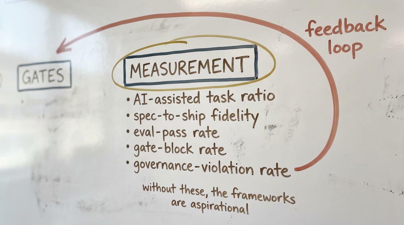 A Measurement Loop dashboard with five metric cards: AI-Assisted Task Ratio, Spec-to-Ship Fidelity, Eval-Pass Rate, Gate-Block Rate, and Governance-Violation Rate, above a Spec-Architecture-Eval-Roles feedback loop.