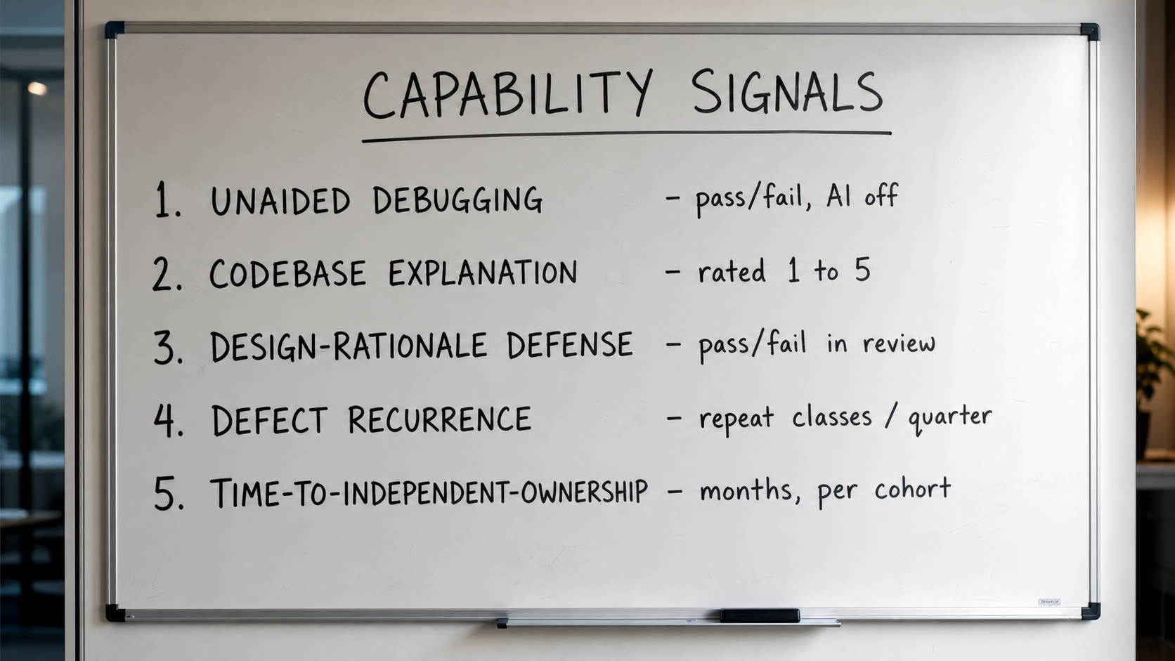A clean marker whiteboard titled CAPABILITY SIGNALS listing five hand-printed capability measures juniors can be scored on that a standard output dashboard never tracks