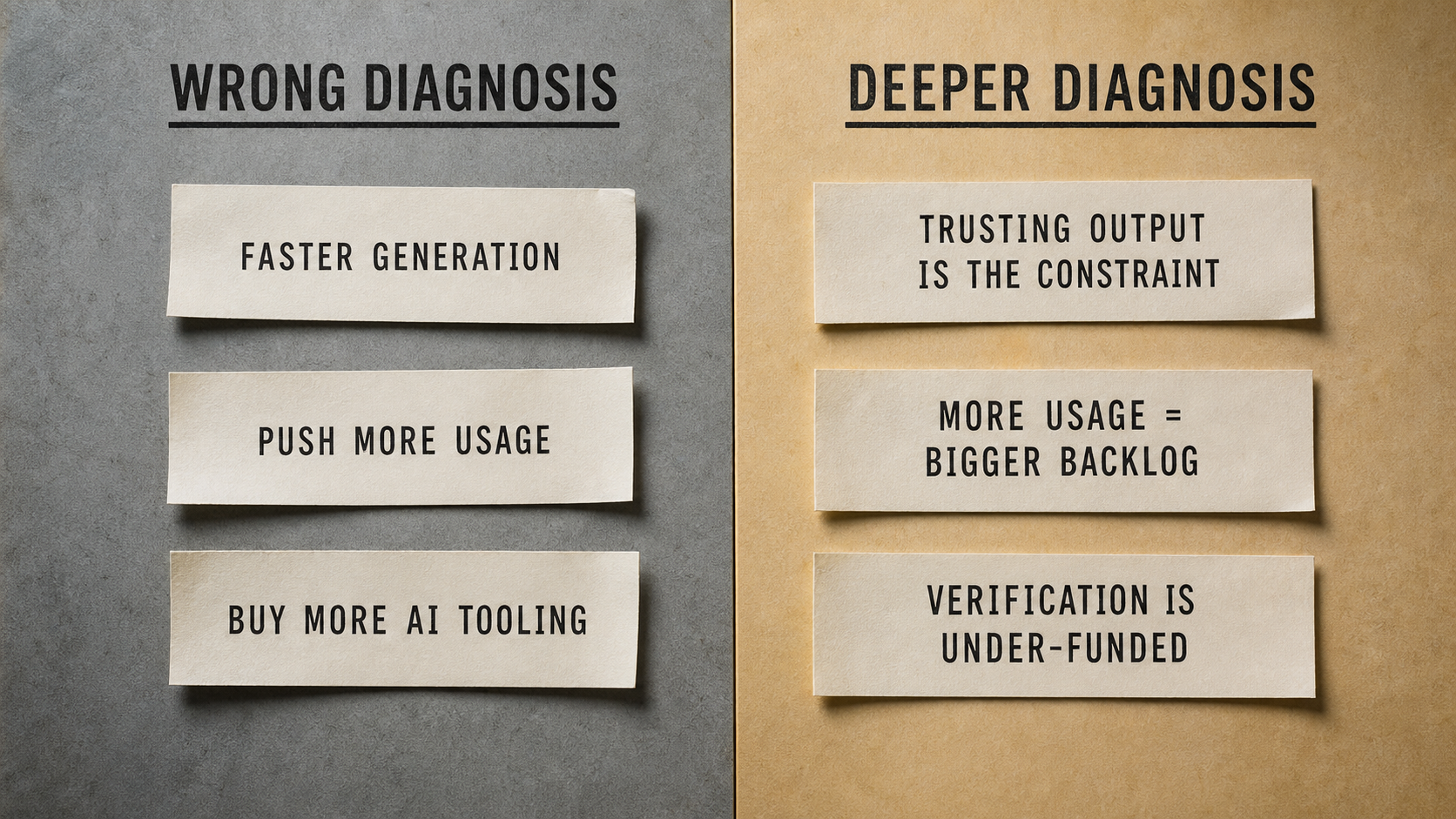 A two-column comparison of the wrong generation-side diagnosis against the deeper verification-side diagnosis of why AI delivery gains stall