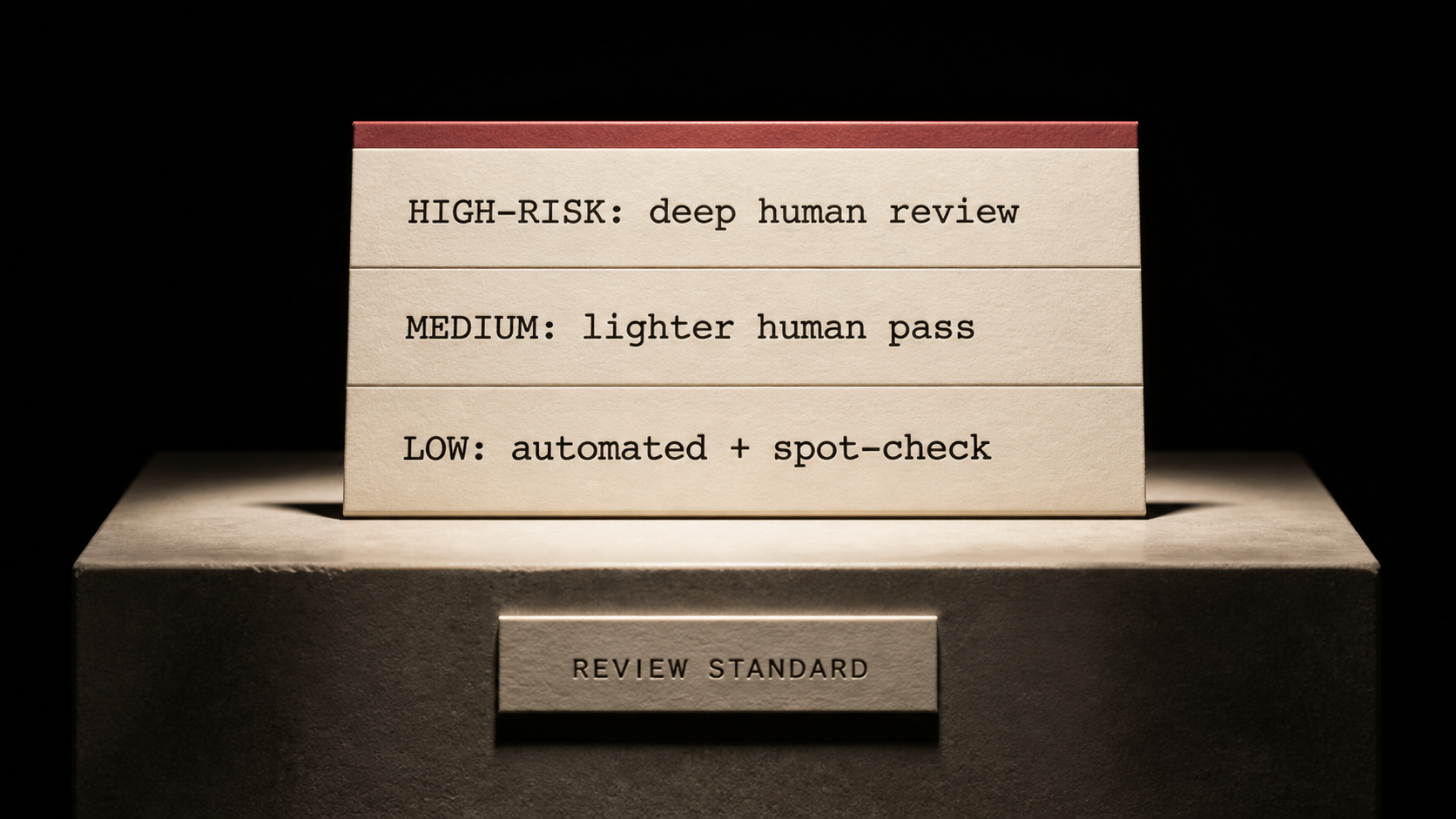 A tiered code-review standard card on a museum plinth labelled REVIEW STANDARD, listing three rows: HIGH-RISK deep human review, MEDIUM lighter human pass, LOW automated plus spot-check