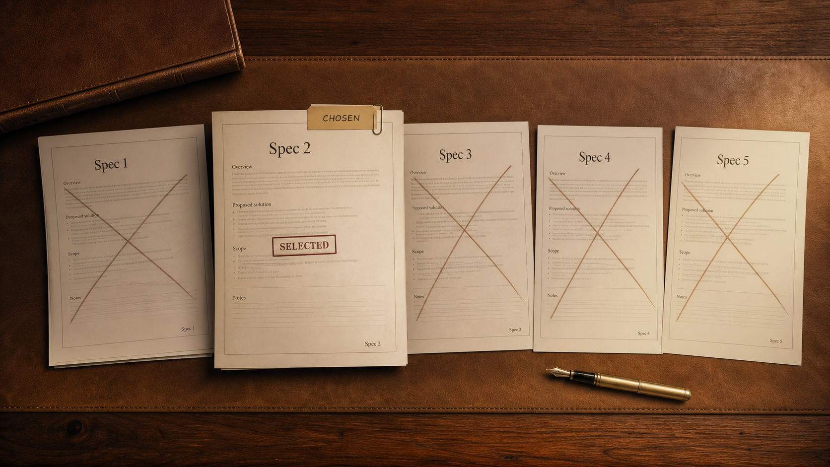 Five candidate product specs on a desk, four set aside and one selected: the choosing-under-volume work that becomes the binding constraint as AI generates more options faster.