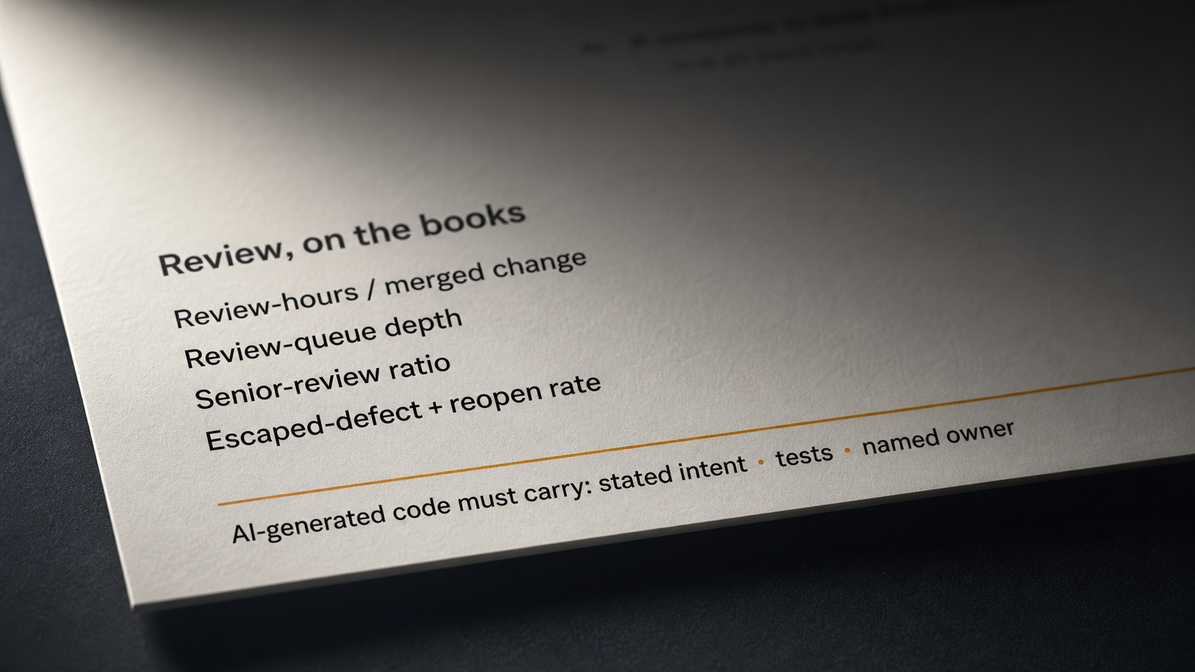A printed sheet headed 'Review, on the books' listing four review metrics, with a control line: 'AI-generated code must carry: stated intent · tests · named owner'. The far end fades into shadow.