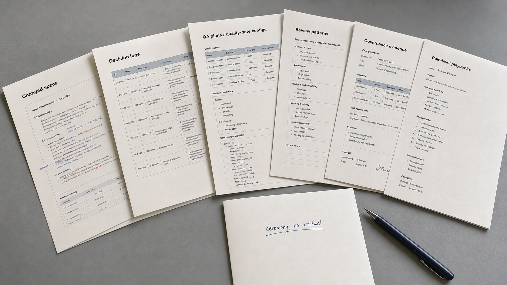Six labelled delivery-artifact documents fanned across a desk for audit, the six durable-artifact classes of the artifact test, beside one blank 'ceremony, no artifact' page.