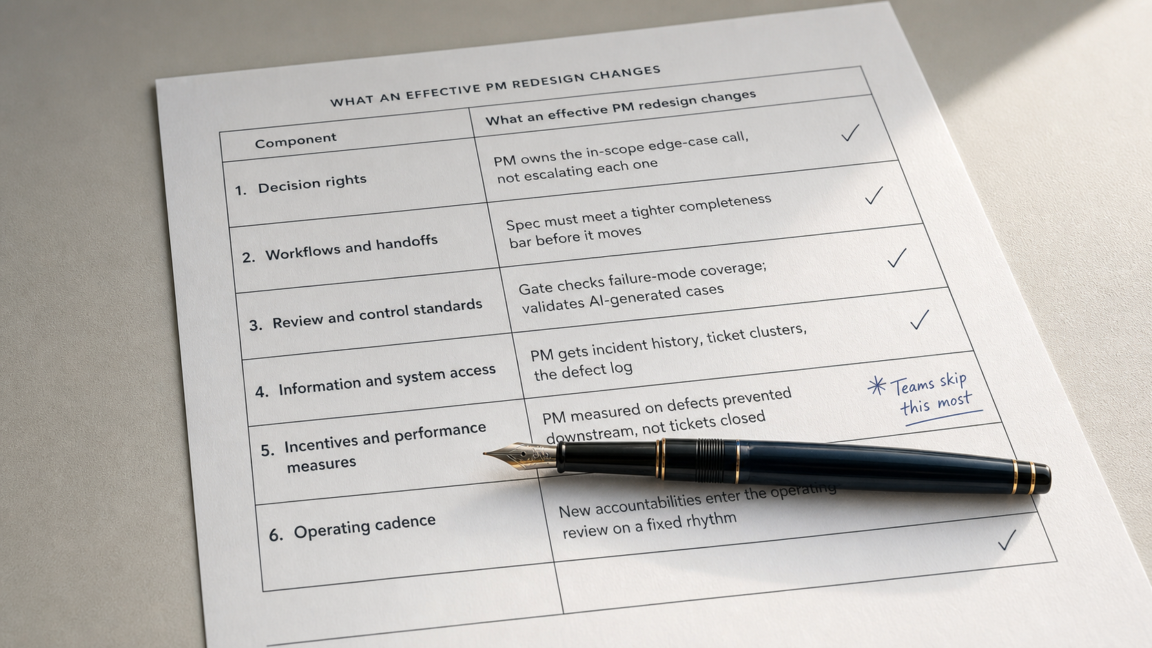 A six-row PM redesign worksheet on a desk mapping each operating-model component to its change, with a fountain pen resting across the incentives row marked teams skip this most