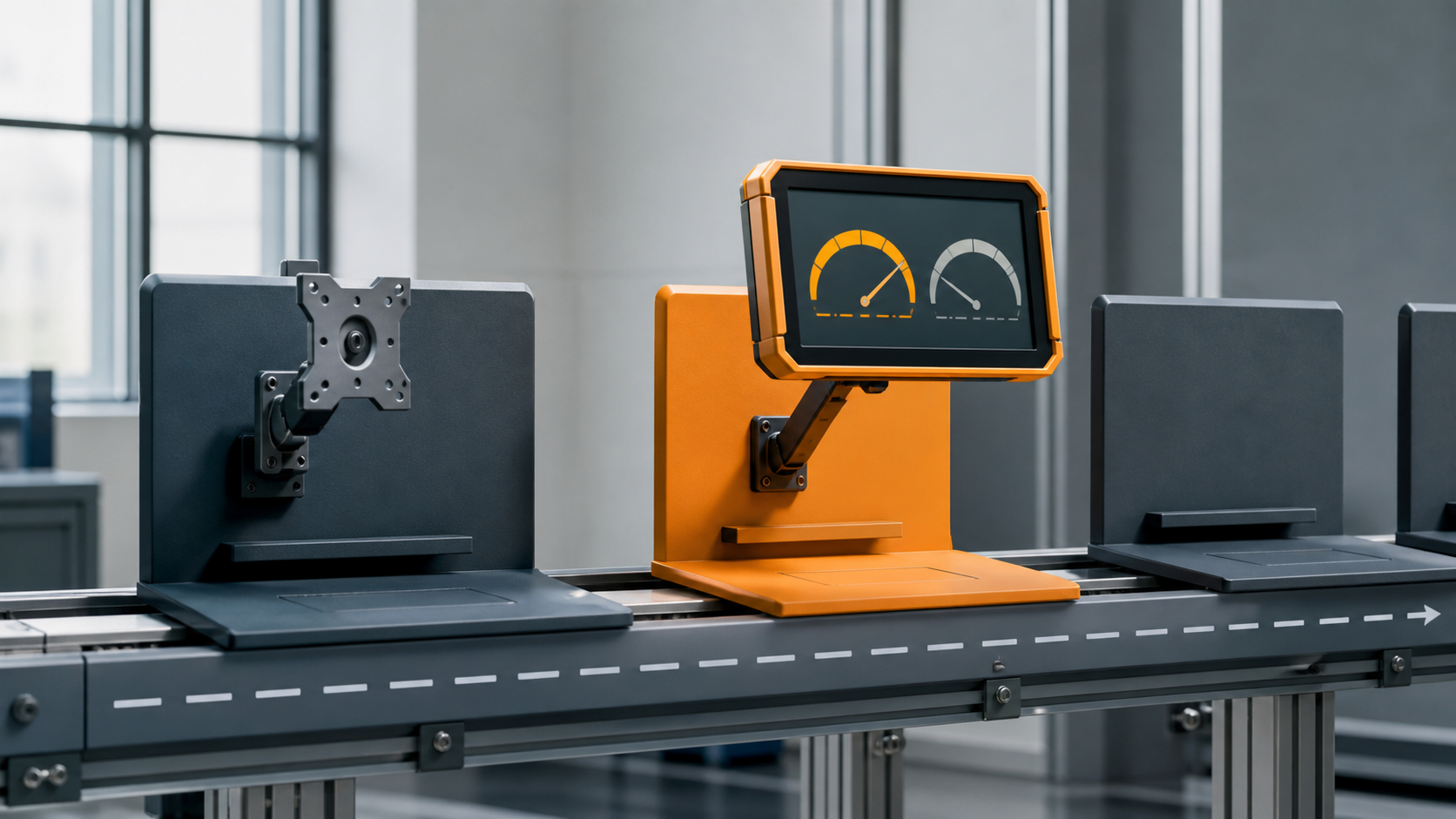 A factory-loft delivery line: an empty dark monitor bracket sits over an early station on the left, while an amber-housed monitor showing two delivery gauges has been re-mounted over a later station.