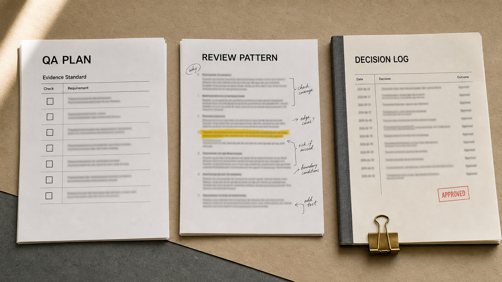 An overhead flat-lay of a QA plan, a marked-up review pattern, and an approved decision log: the inspectable artifacts a verification system produces