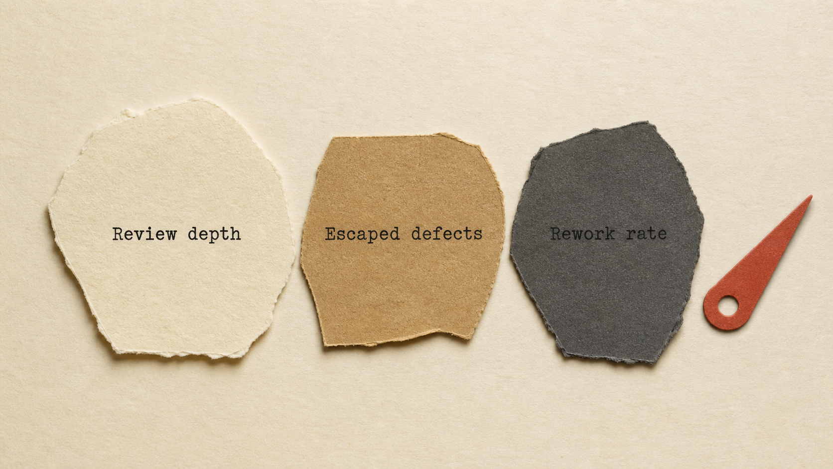 A hand-cut paper collage of three verification measures laid side by side and labelled Review depth, Escaped defects, and Rework rate, with a small terracotta instrument-marker cutout beside them