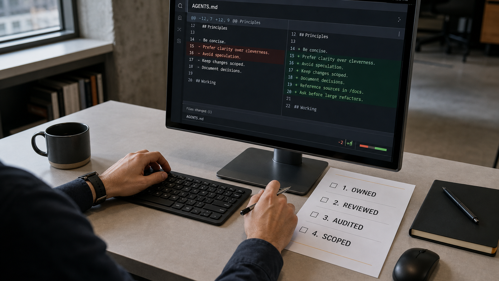 Over-the-desk view of a person reviewing a version-controlled diff of an instruction file on a monitor, with a printed checklist labelled OWNED, REVIEWED, AUDITED, SCOPED beside the keyboard