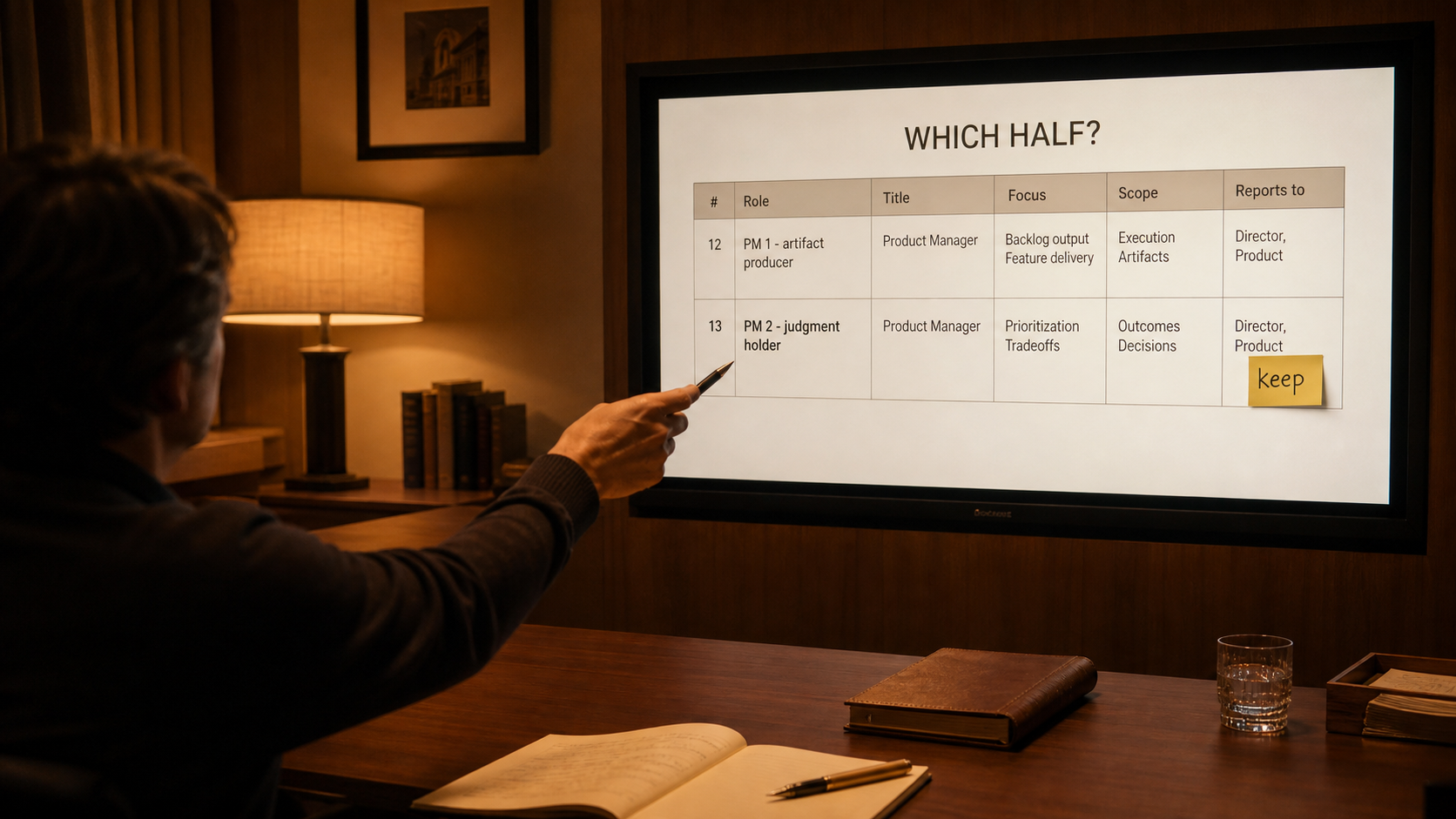 A meeting where a headcount panel asking "Which half?" shows two identical product manager rows, an artifact producer and a judgment holder, with the judgment holder marked to keep.