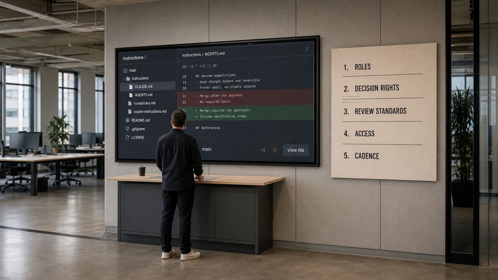 Wide engineering-office interior with a figure at a review station; a wall display shows the instruction file in version control and a panel lists operating-model components ROLES, DECISION RIGHTS, REVIEW STANDARDS, ACCESS, CADENCE