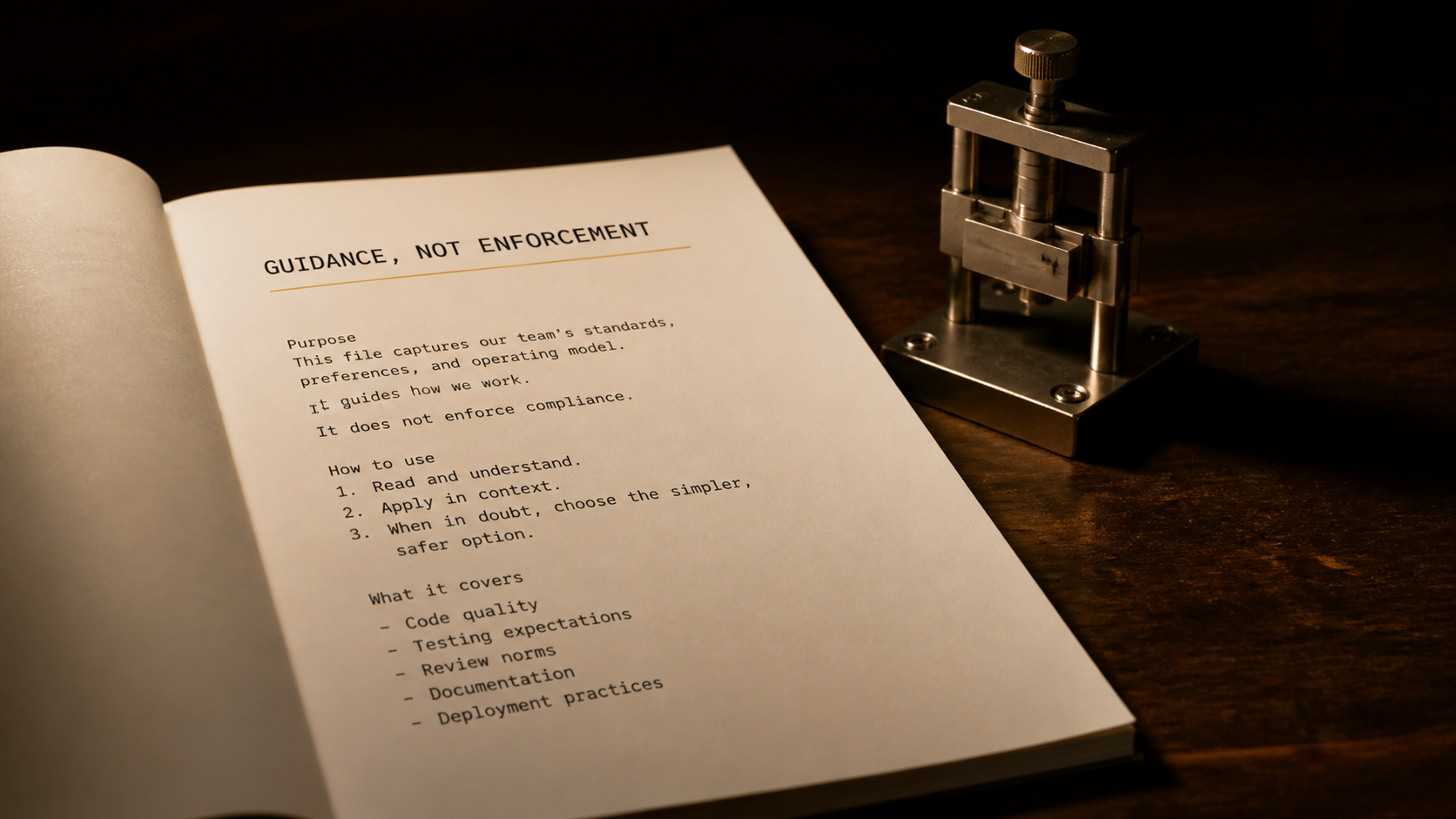 Still-life of an open instruction-file specimen labelled GUIDANCE, NOT ENFORCEMENT in the foreground, with a small separate machined metal gate set back representing the deterministic enforcement check