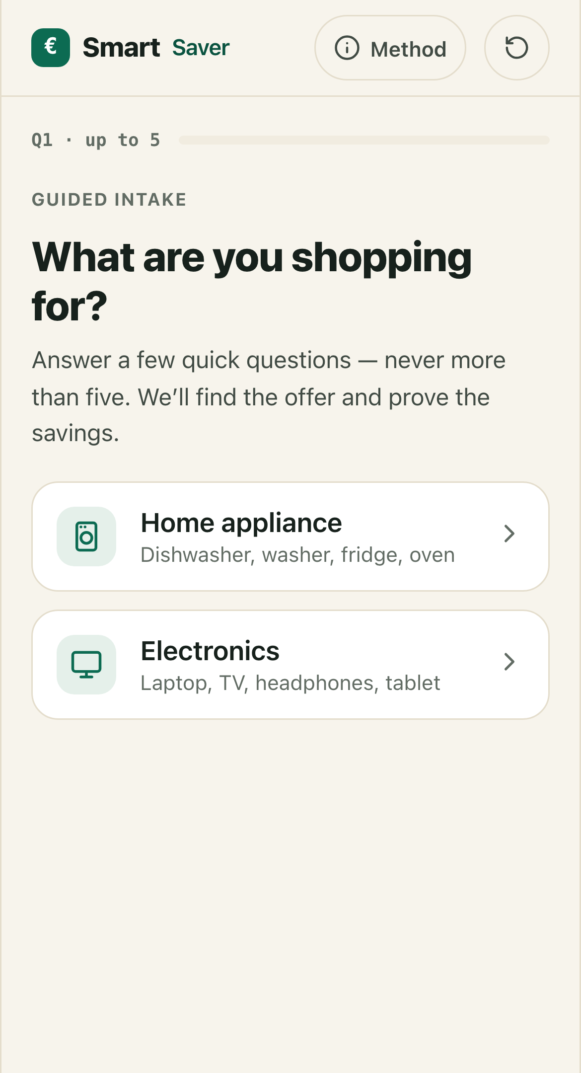 The first screen of the P6 clickable prototype at a phone viewport: a guided intake capped at five questions, the same cap the P4 acceptance criteria specify.