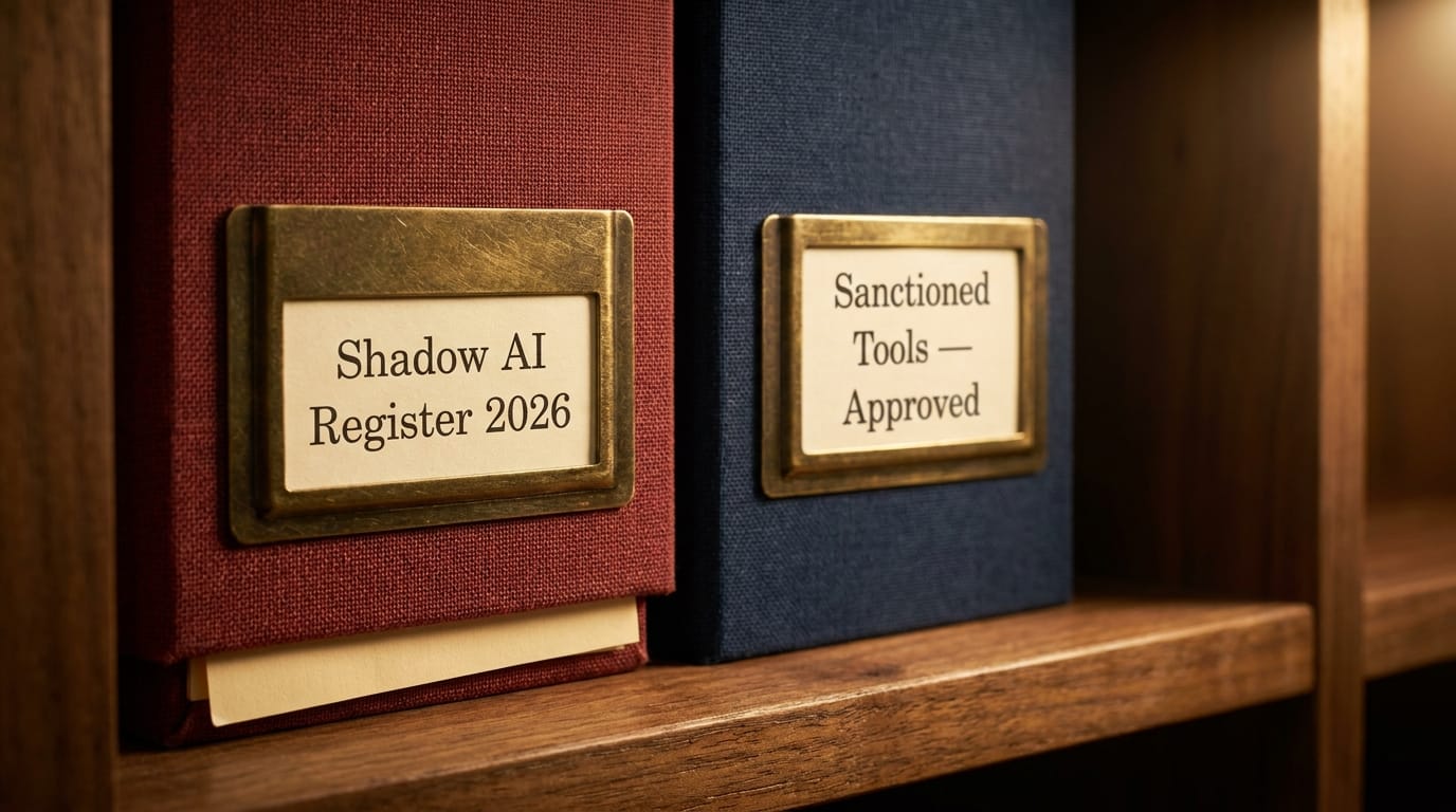 Two binder spines side by side: a 'Shadow AI Register 2026' binder beside a 'Sanctioned Tools - Approved' binder, each in a brass label-holder.