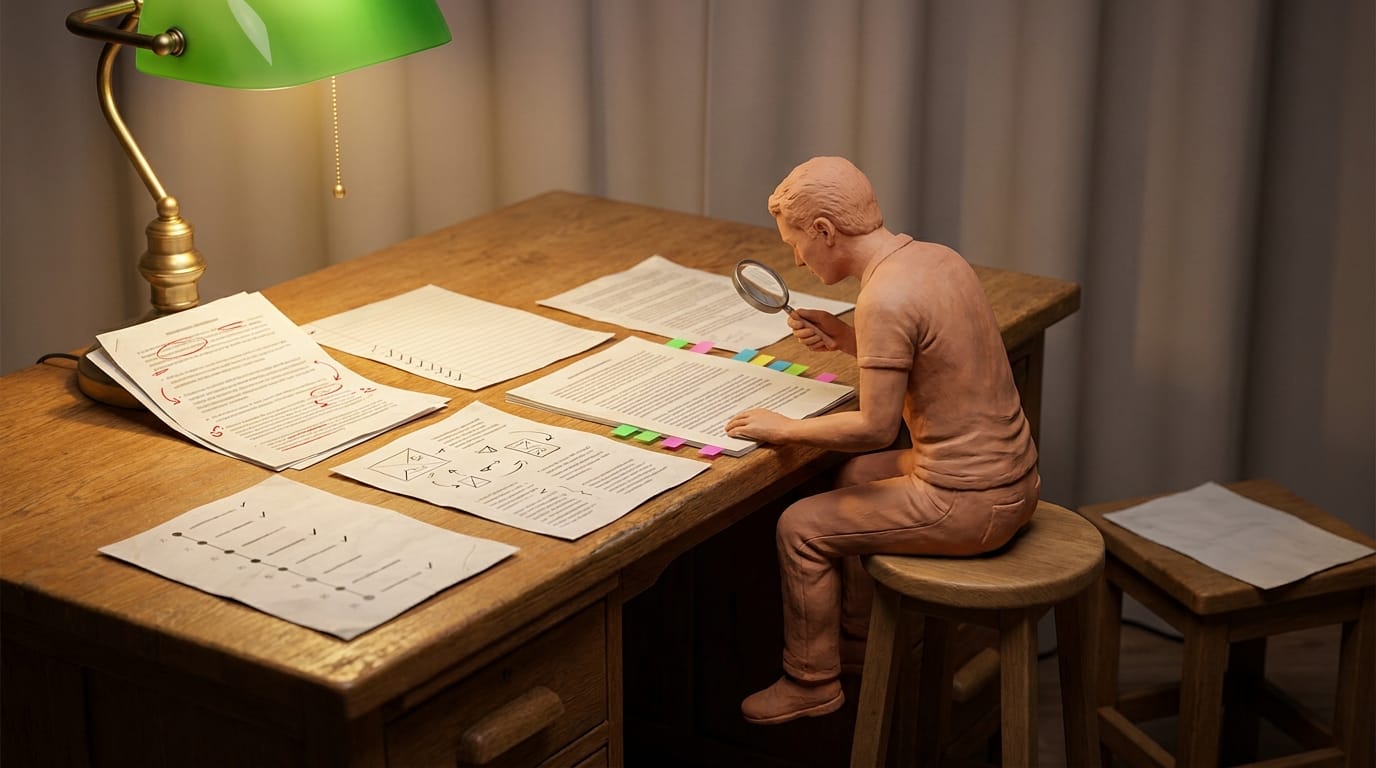 Five delivery artifacts spread on a desk: an annotated PR, a test plan, a requirements doc with tabs, an ADR sketch, and a postmortem, with an abandoned self-assessment sheet set apart.
