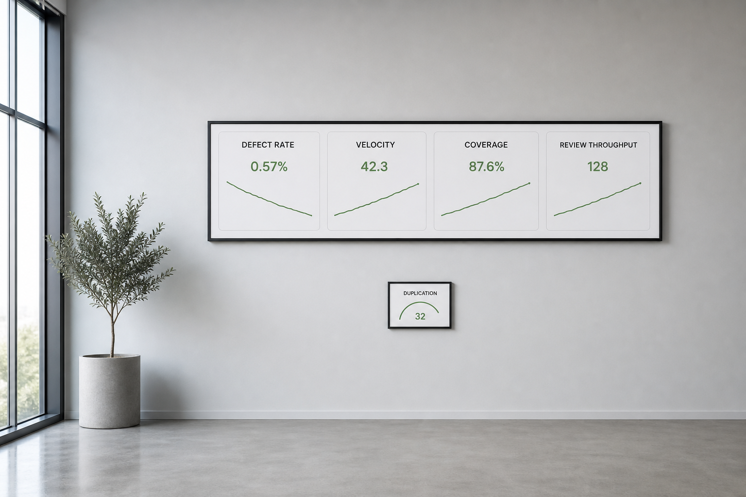 A wall-mounted delivery panel in an empty workspace showing four readouts - DEFECT RATE, VELOCITY, COVERAGE and REVIEW THROUGHPUT - all trending healthily in green, with a much smaller DUPLICATION gauge mounted below the panel whose count is climbing unremarked.