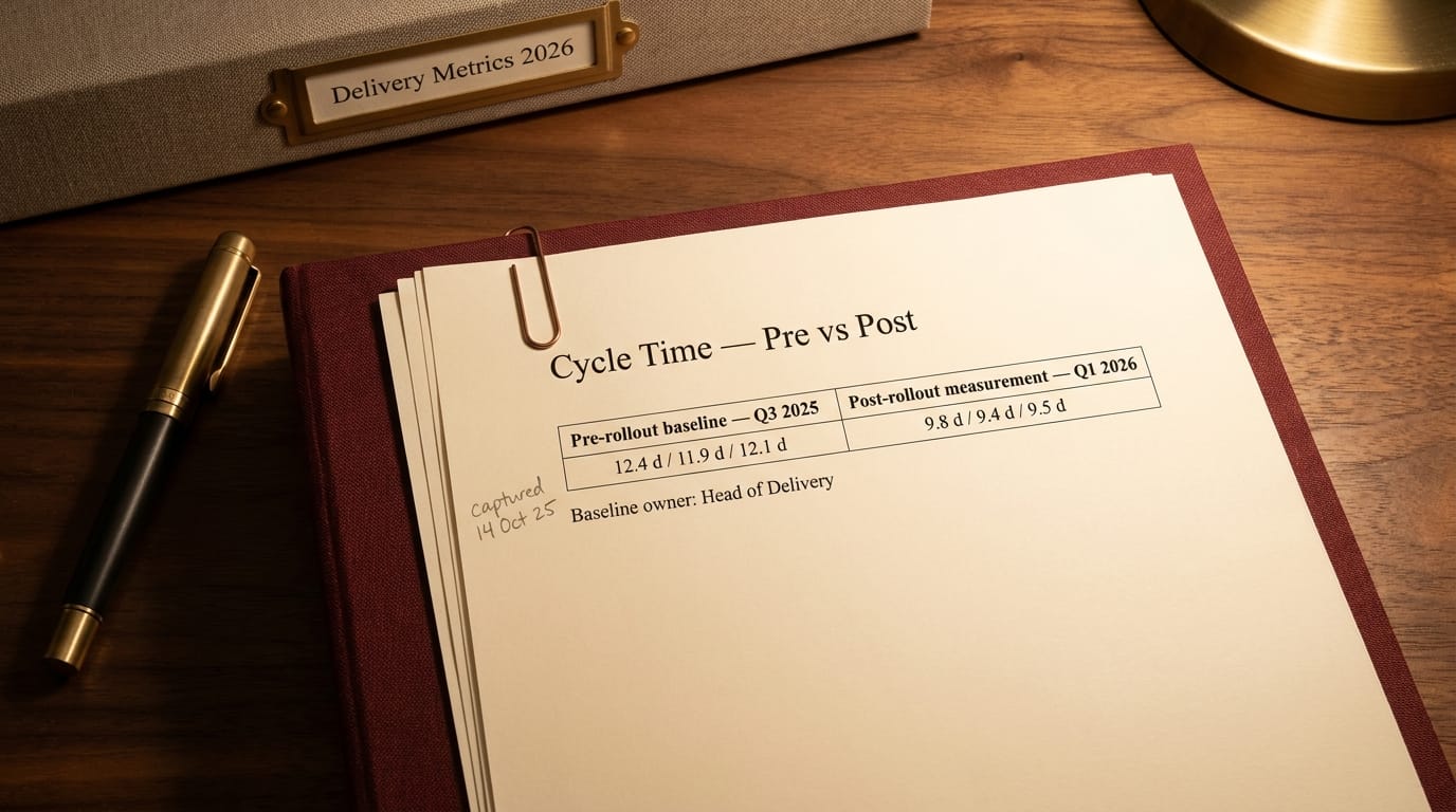 A 'Cycle Time - Pre vs Post' baseline document on a binder, its two-column table comparing pre-rollout Q3 2025 and post-rollout Q1 2026 numbers, footer 'Baseline owner: Head of Delivery', with a pen alongside.