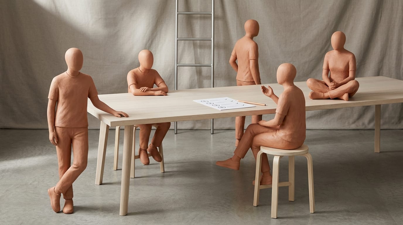 Five figures around a meeting table with a page showing five numbered check-marked items; the five-rung ladder framework visible in the background.