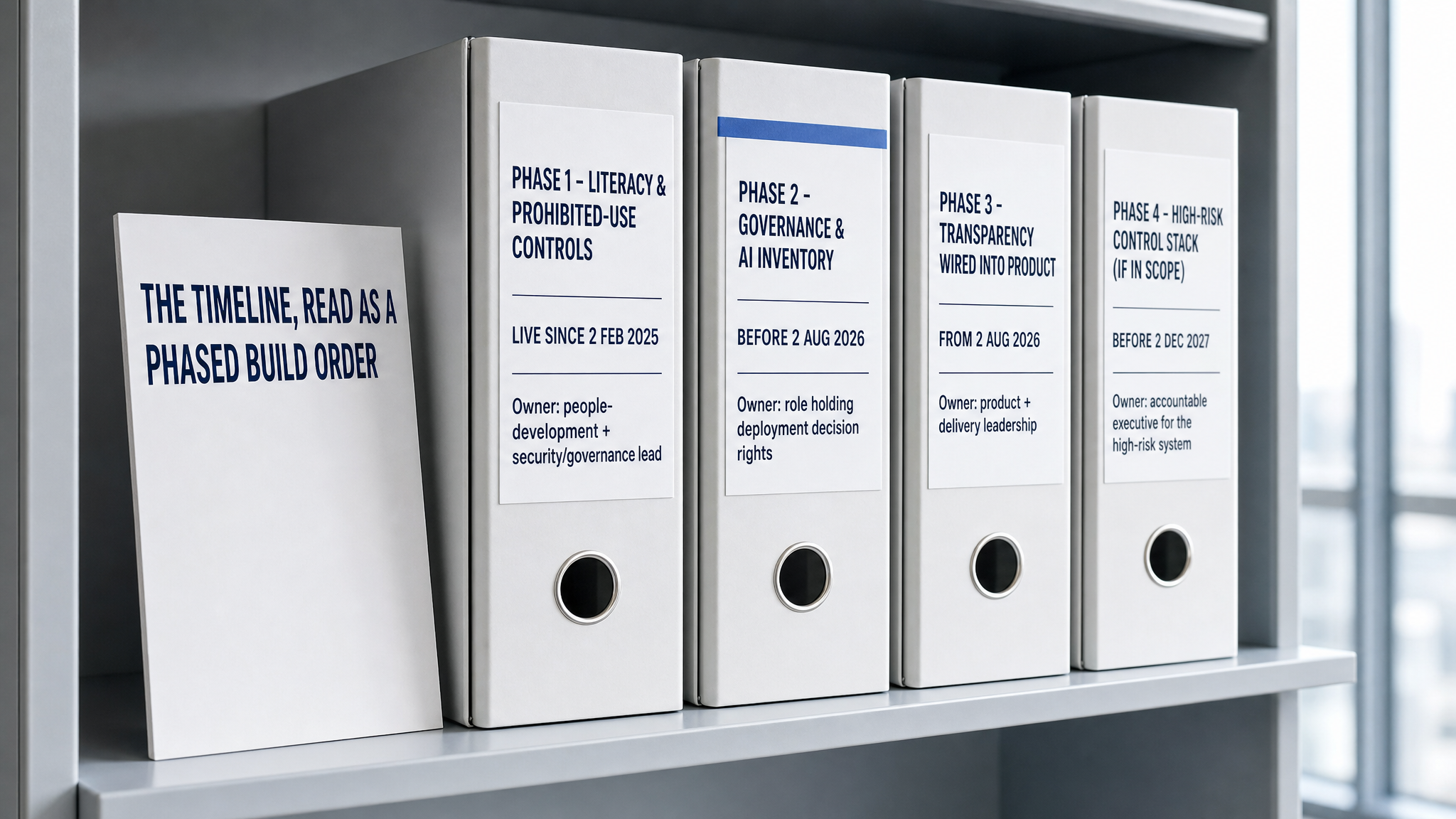 Four governance binders shelved as a phased EU AI Act build order: Phase 1 literacy, Phase 2 governance and inventory (blue), Phase 3 transparency, Phase 4 high-risk controls, each naming its owner.