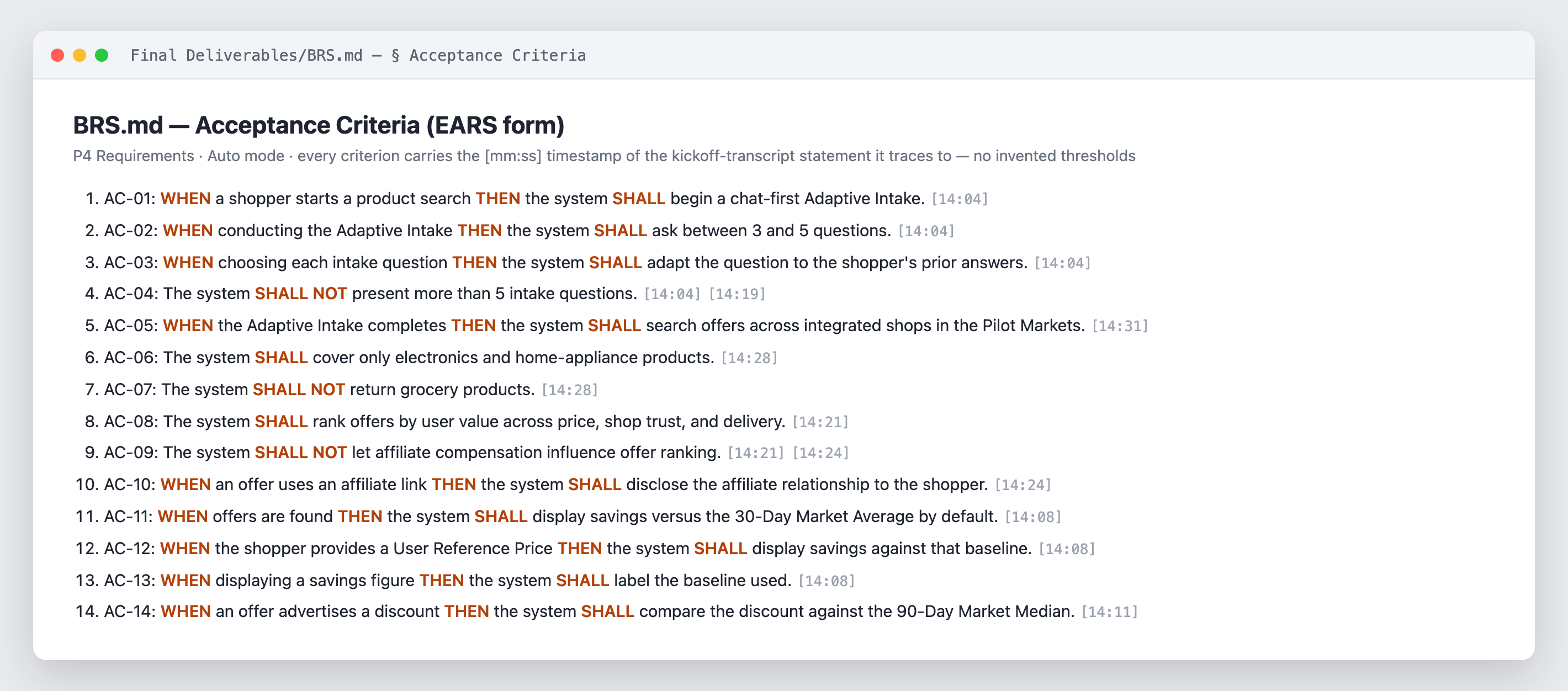 Acceptance criteria from the P4 requirements job in EARS-derived WHEN / THEN / SHALL form, each one ending with a timestamp anchor into the kickoff transcript it traces back to.