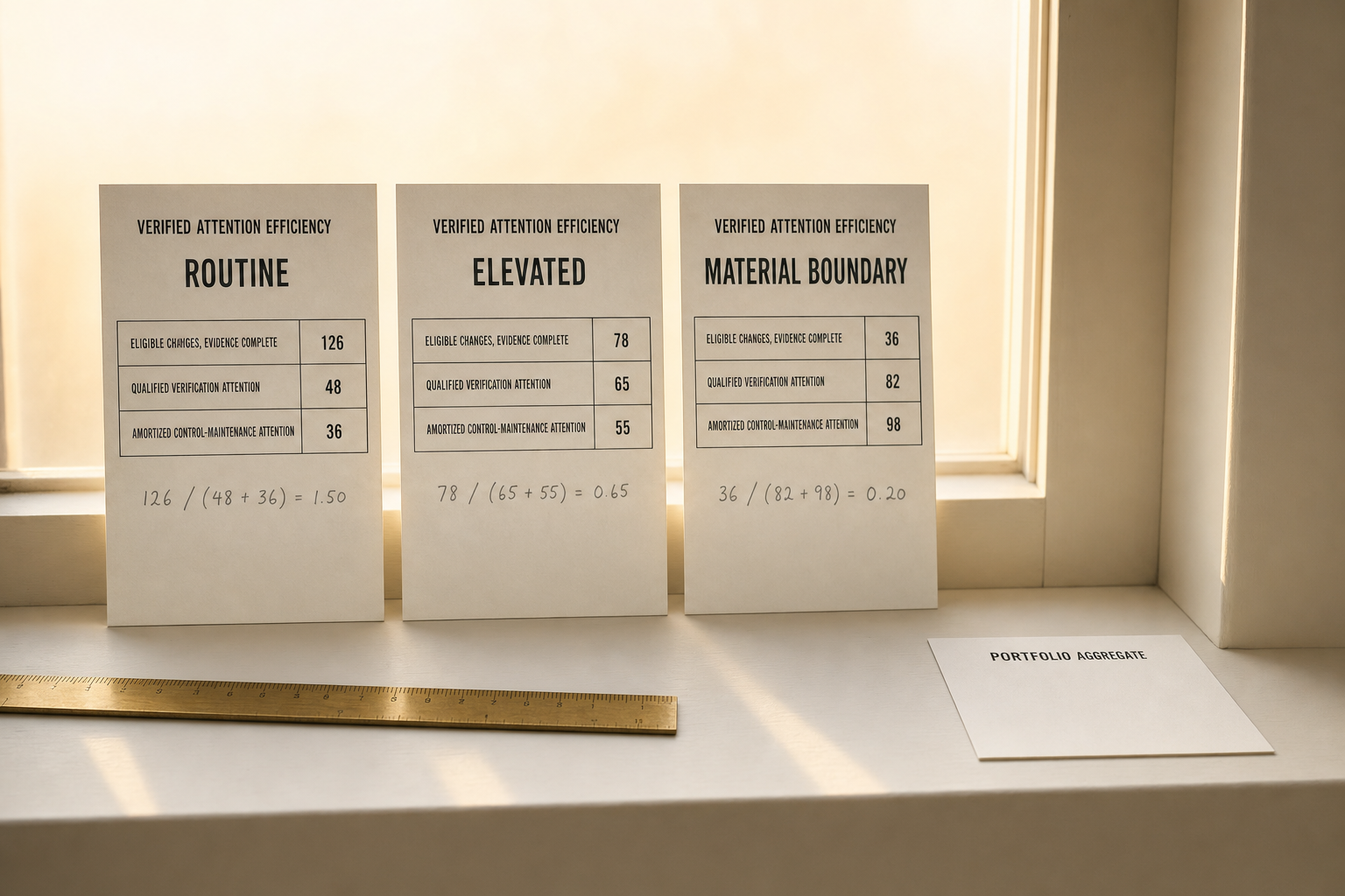 Three tier worksheets headed VERIFIED ATTENTION EFFICIENCY, labelled ROUTINE, ELEVATED and MATERIAL BOUNDARY, each worked to a different result; a PORTFOLIO AGGREGATE sheet lies blank.