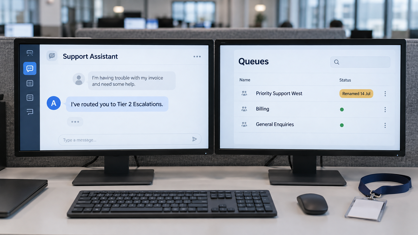 Two monitors: a support assistant says it routed the customer to Tier 2 Escalations, while the helpdesk queue list beside it has no such queue and shows one queue renamed.