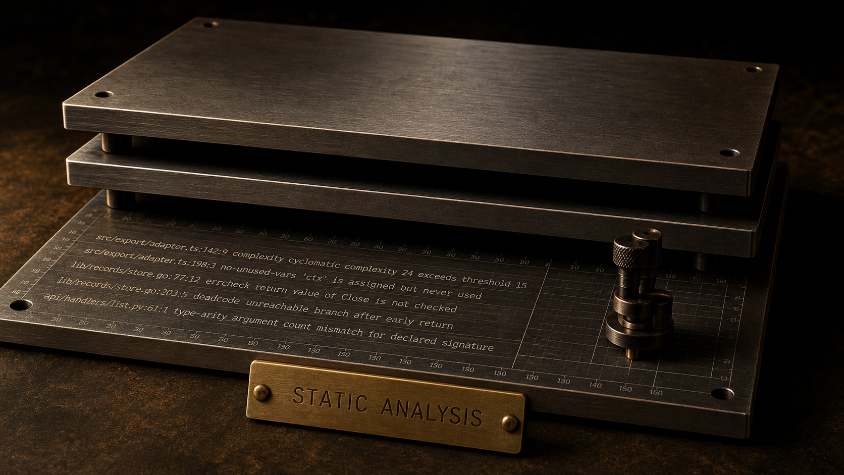 Three stacked inspection plates: only the bottom one is etched with static-analysis output naming files, lines and rules, above a brass STATIC ANALYSIS label; the top two are blank.