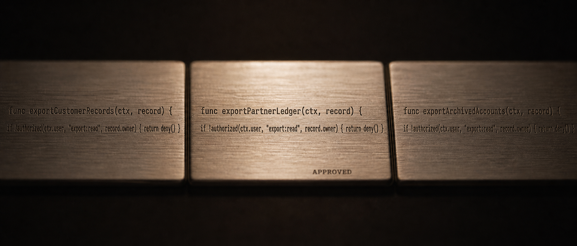 Three metal strips, each etched with a different export function above the same authorization check, identical on all three; only the centre strip carries an APPROVED stamp.