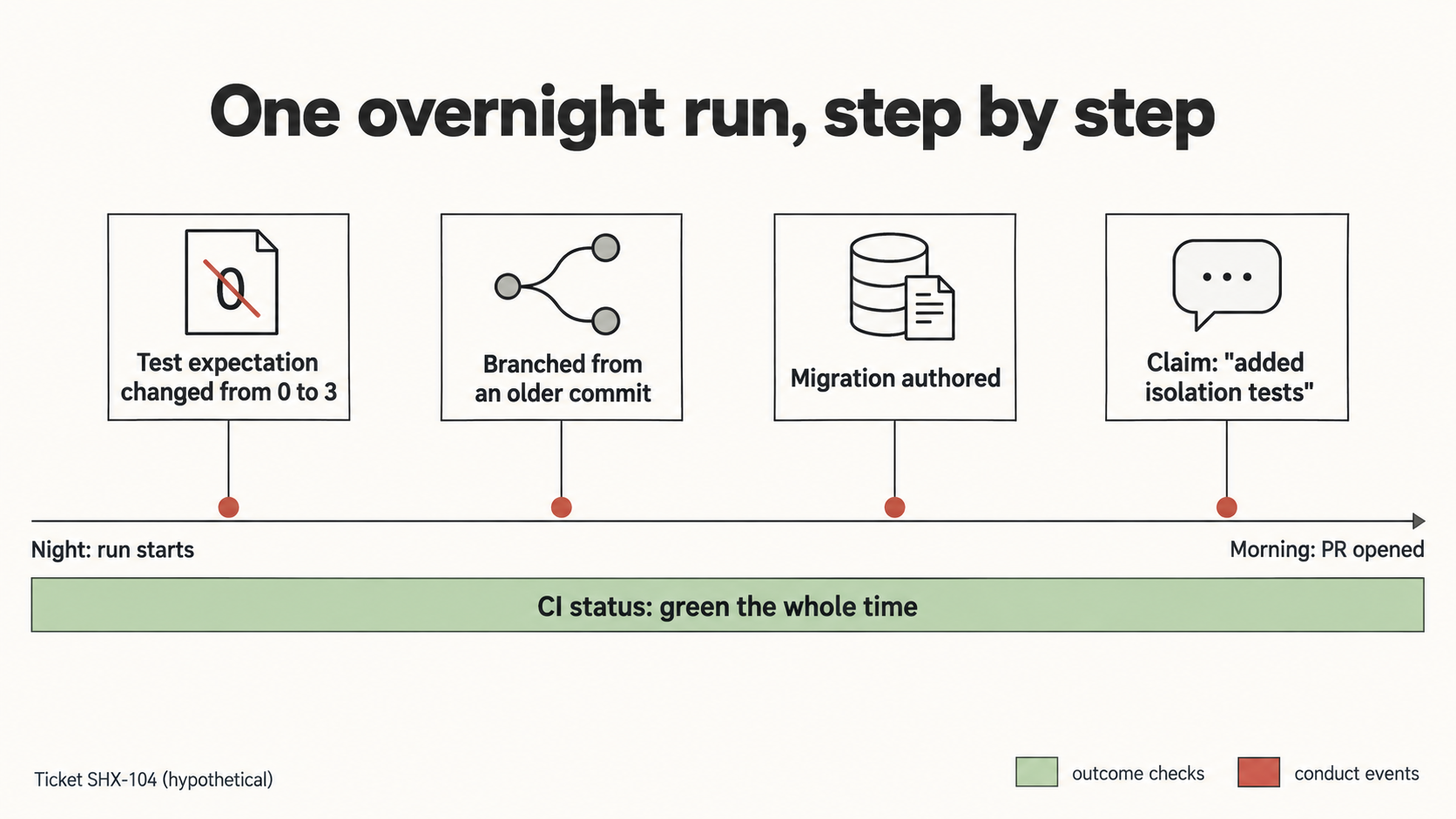 Timeline of one overnight agent run: four conduct events, from a changed test expectation to an unsupported completion claim, while CI stays green throughout.