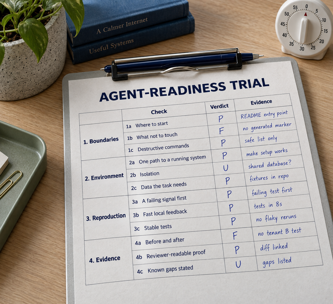 A printed Agent-Readiness Trial sheet on a clipboard lists four probes and twelve checks, each marked P, F or U in blue ink with a short evidence note, beside a kitchen timer.